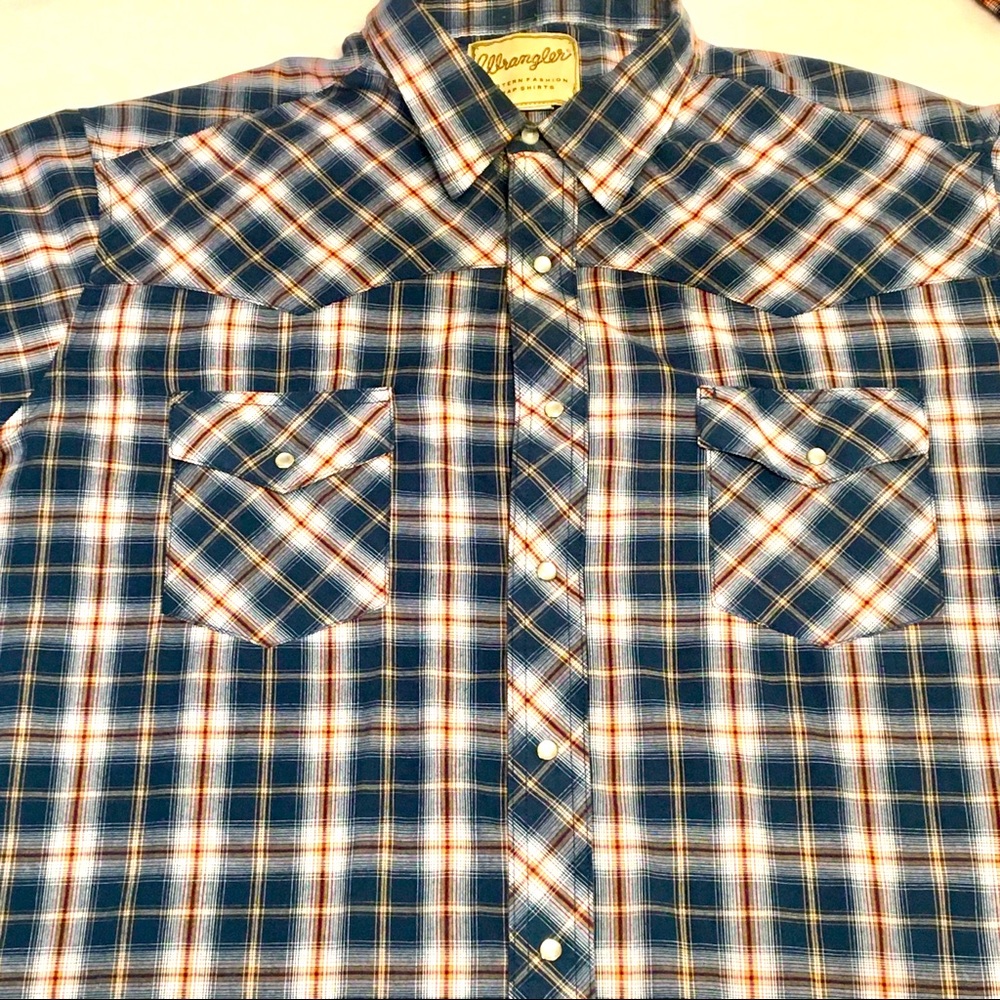 Vintage Wrangler Shirt Size 2XL Blue Plaid Pearl Snap Button Long Sleeve
